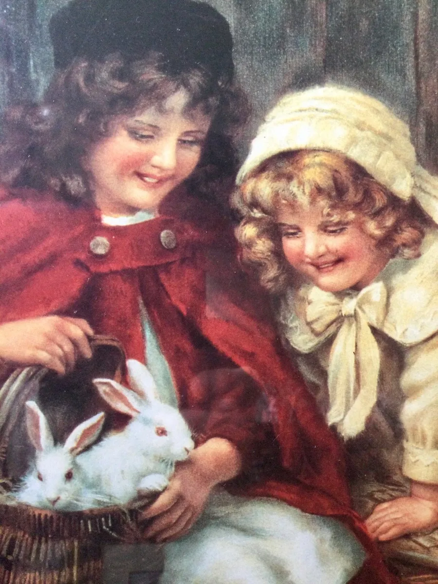 Antique “Girls with Rabbits” Print - Image 3