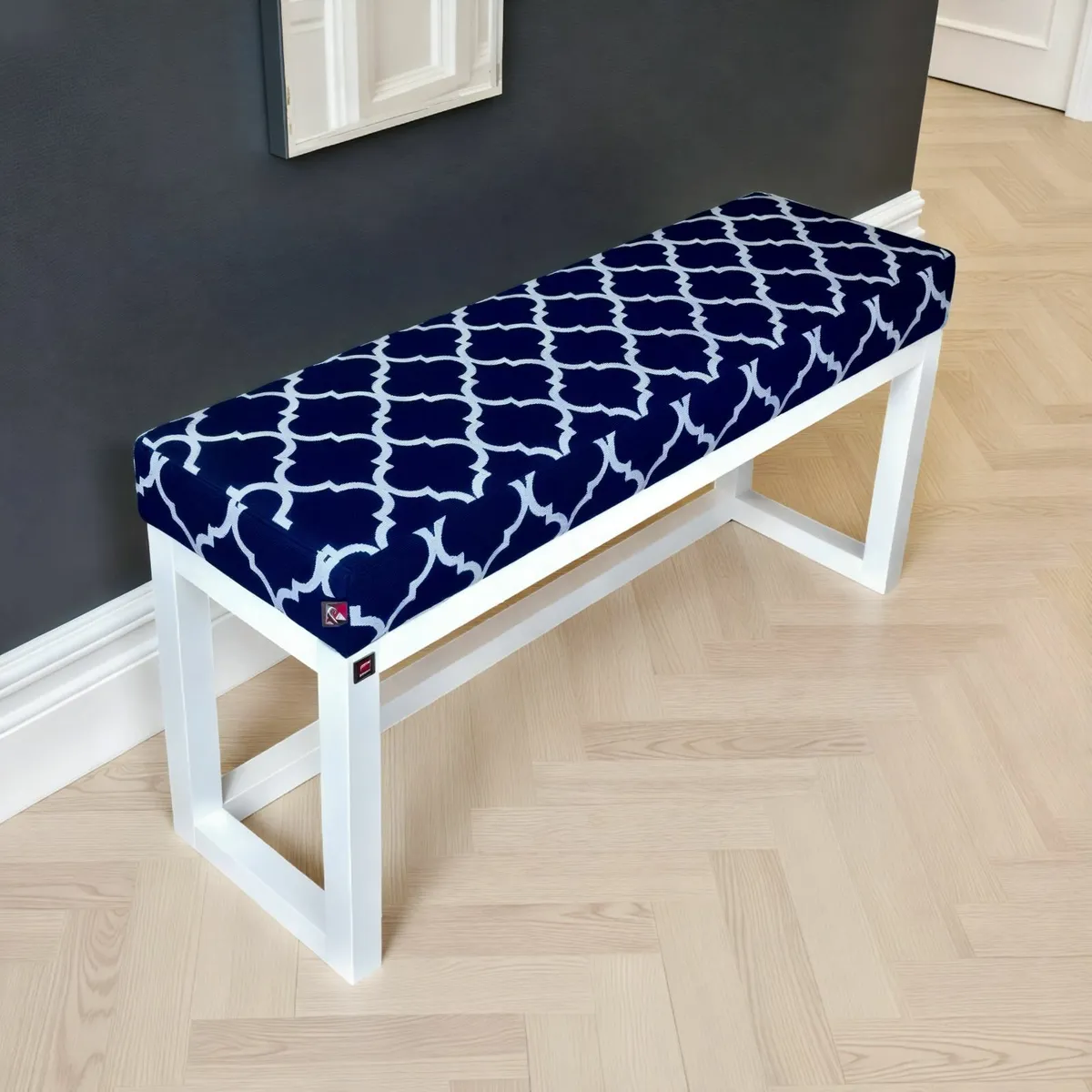 Navy Blue Geometric Wooden Bench 100x30cm White - Image 1