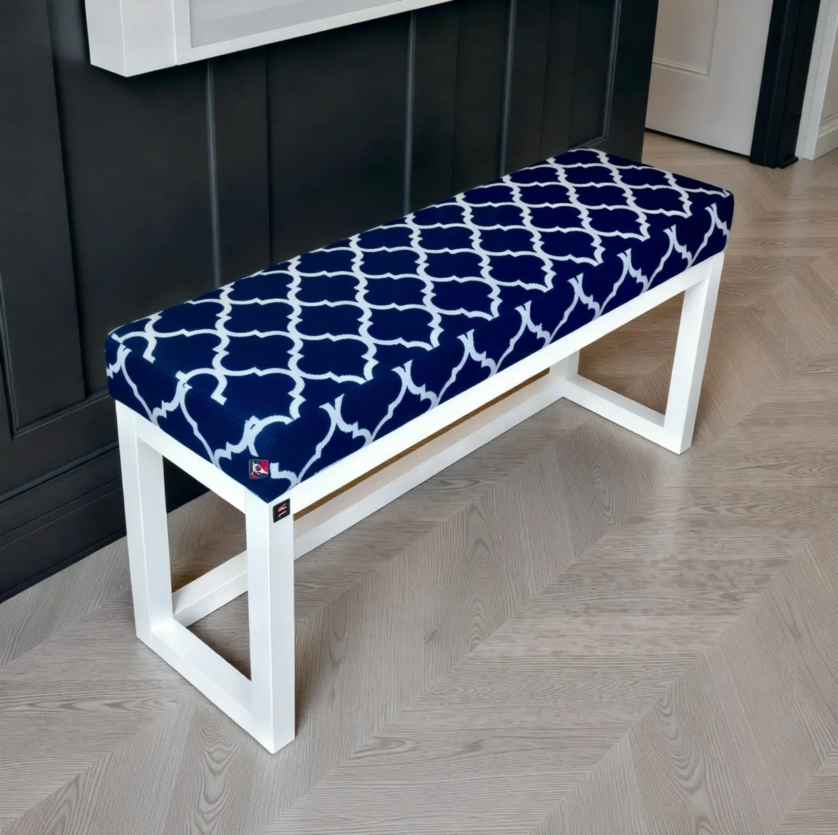 Navy Blue Geometric Wooden Bench 100x30cm White - Image 2