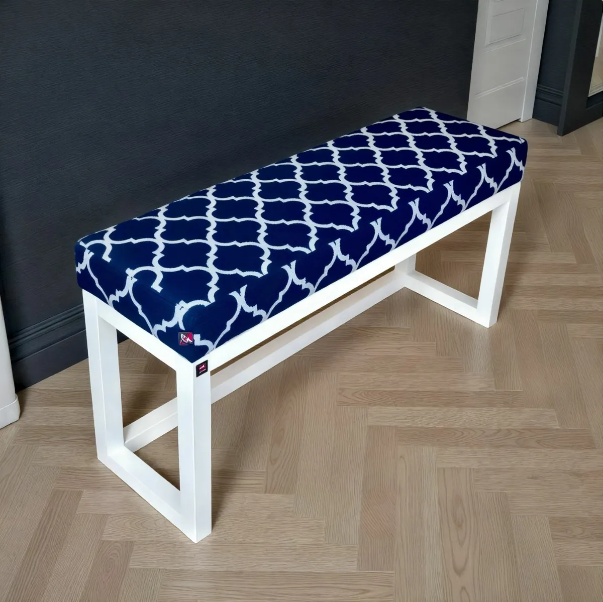 Navy Blue Geometric Wooden Bench 100x30cm White - Image 3