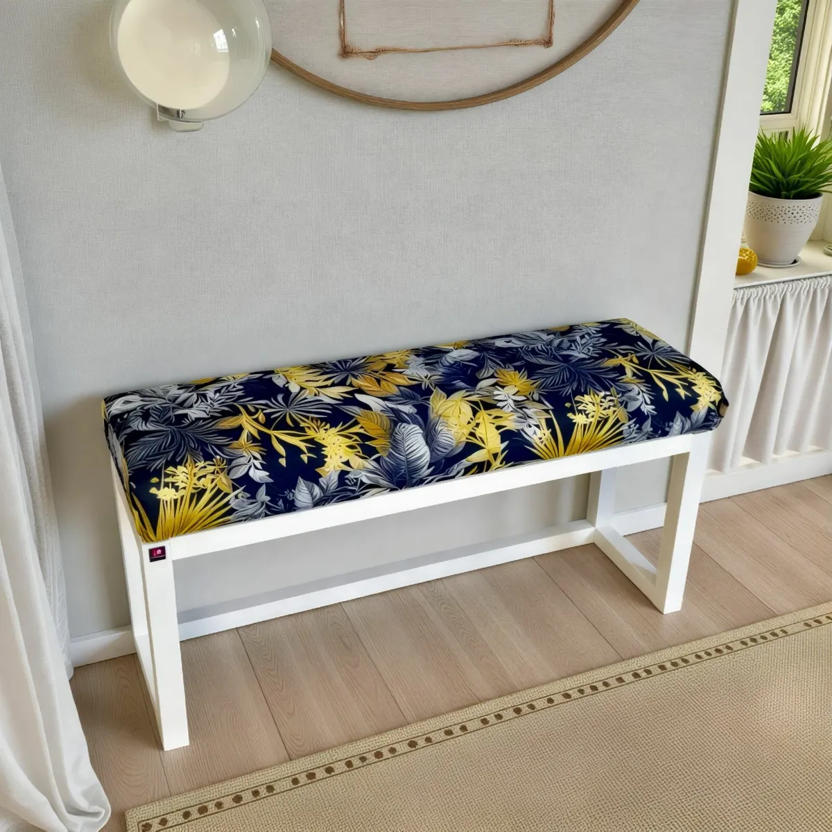 Wooden Bench Navy Tropical Velvet with White Paint - Image 1