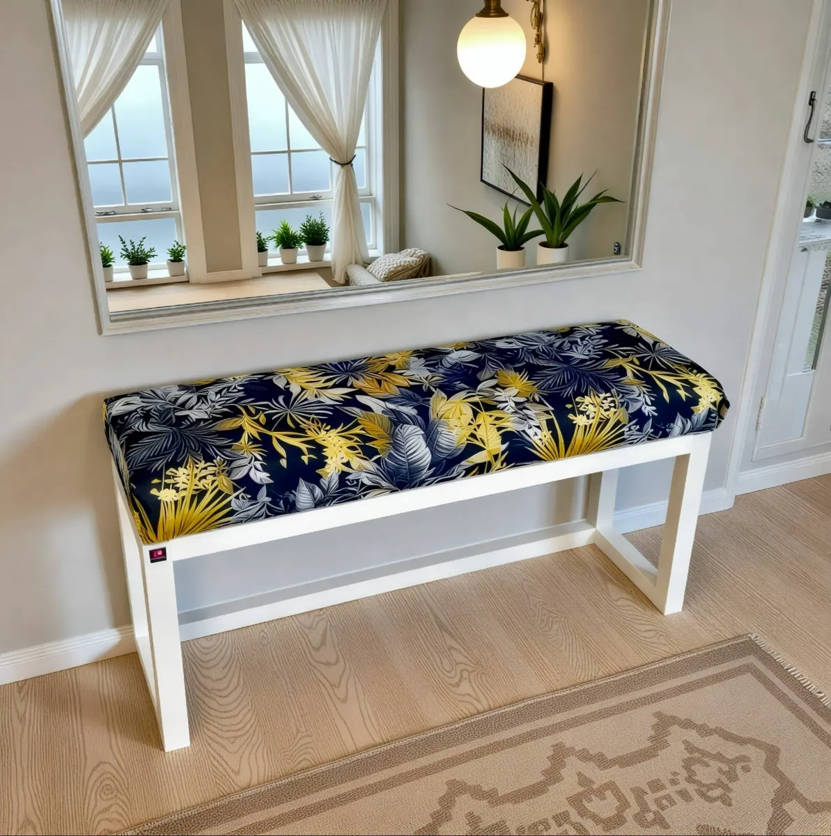 Wooden Bench Navy Tropical Velvet with White Paint - Image 2