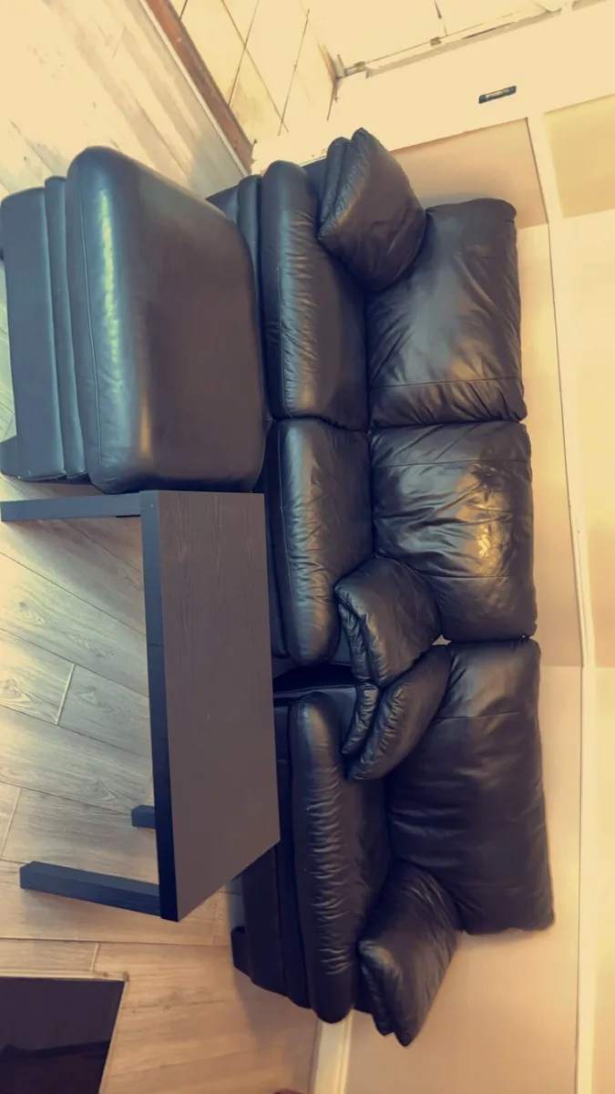 LEATHER COUCH + ARM CHAIR, TABLE AND FOOT REST✅💬 - Image 1