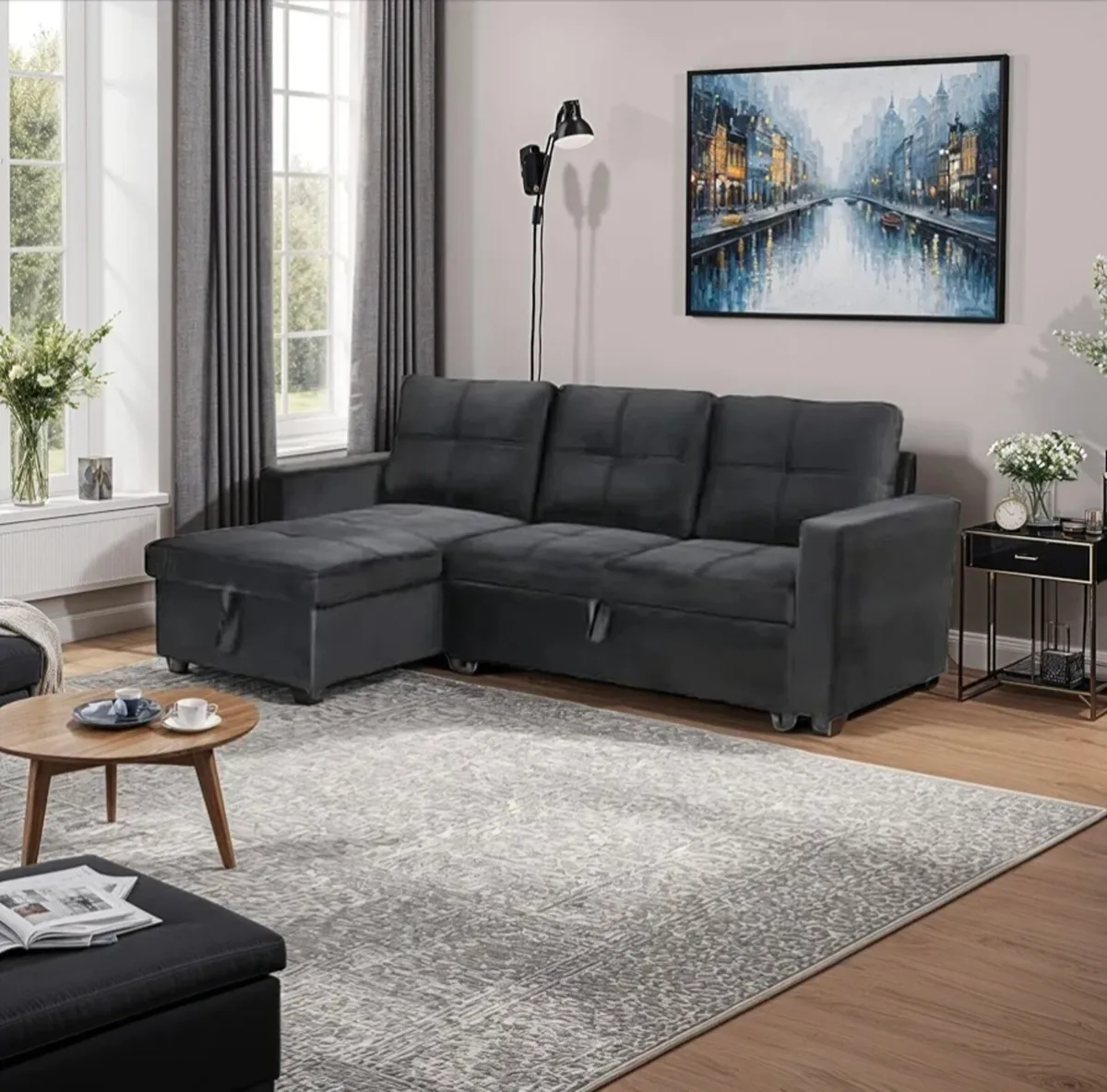 Black L Shape Sofa Bed with Storage - Modern Look - Image 1