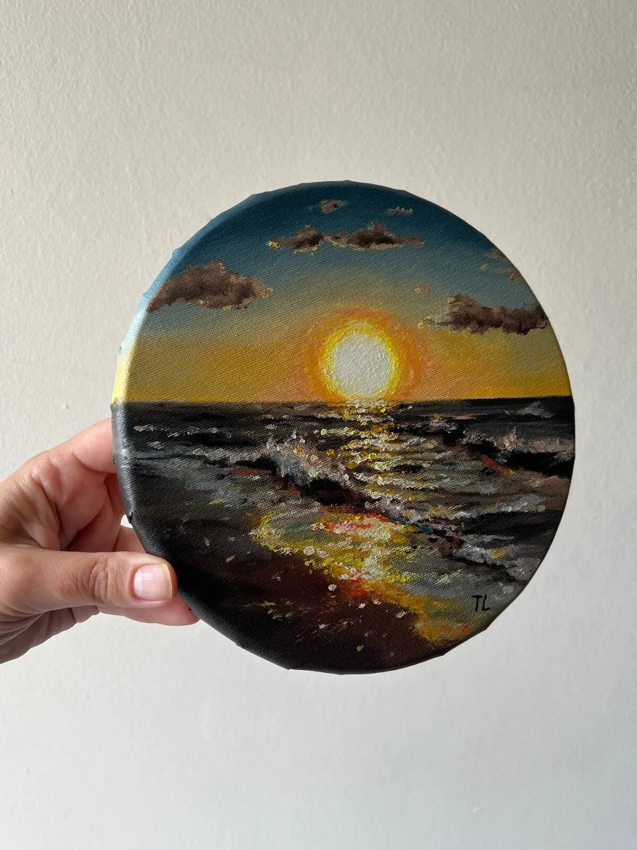 Original Oil painting Sunset Beach Ocean Small Gif - Image 3