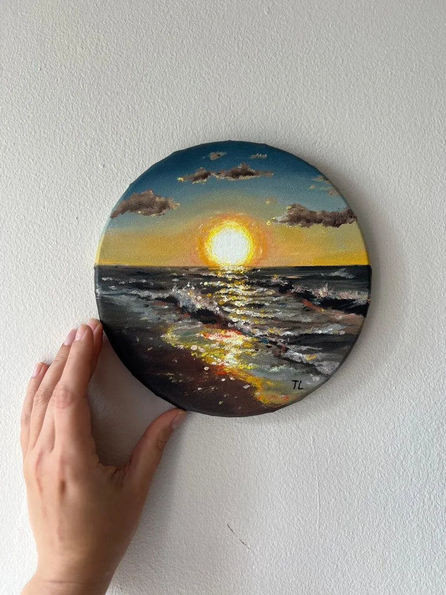 Original Oil painting Sunset Beach Ocean Small Gif - Image 2