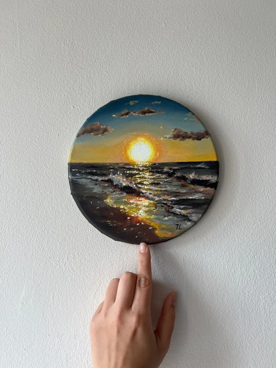 Original Oil painting Sunset Beach Ocean Small Gif - Image 4