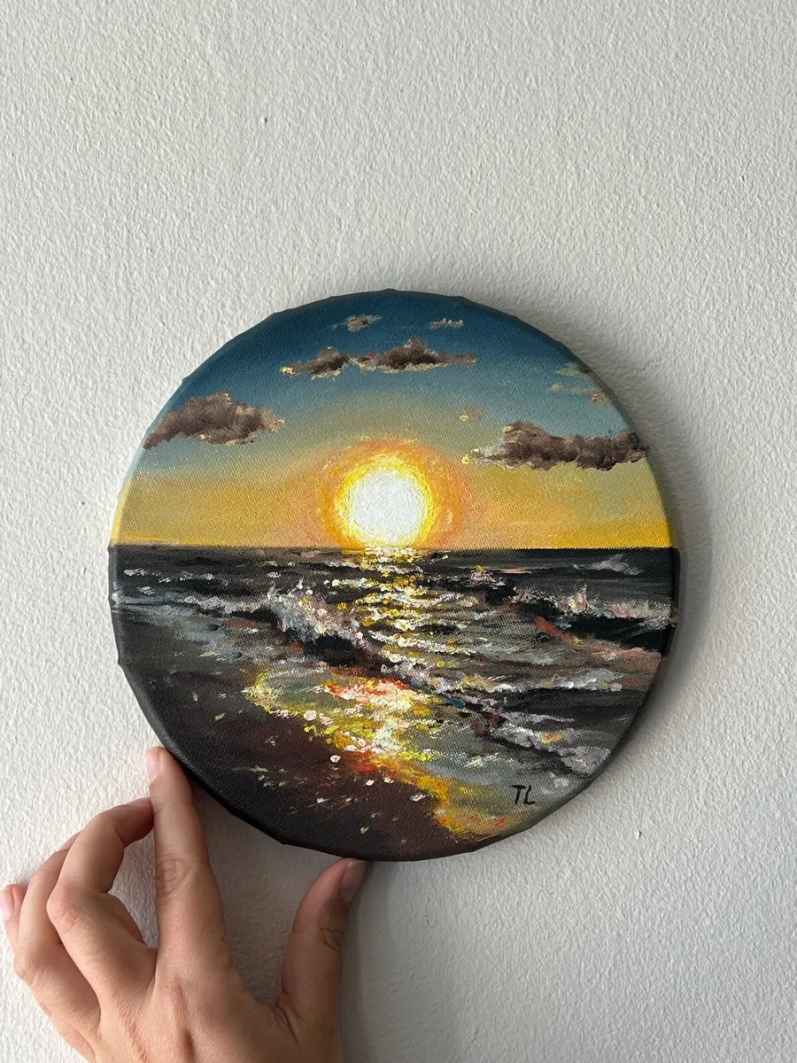 Original Oil painting Sunset Beach Ocean Small Gif - Image 1