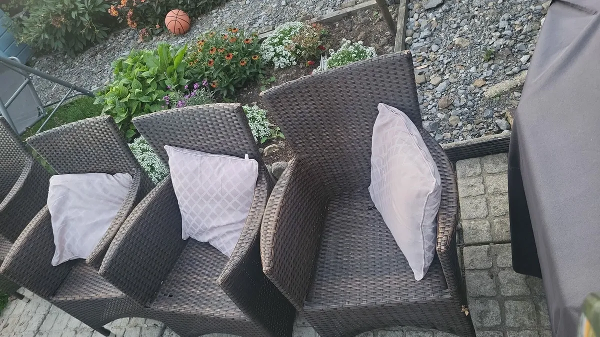6 rattan chairs with cushions. - Image 2