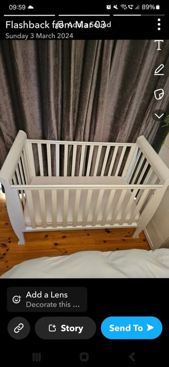 Cot: mattress inc, next to me crib, feeding pillow  bath, isofix base,playpen, playmat, mobile feeding chair, travel cot, gro clock, wheelie ladybird ride on toy, Tripp trap table and seat adapters - Image 1