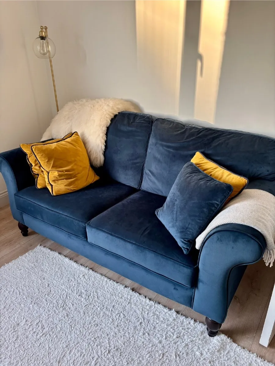 Navy velvet couch - Image 1