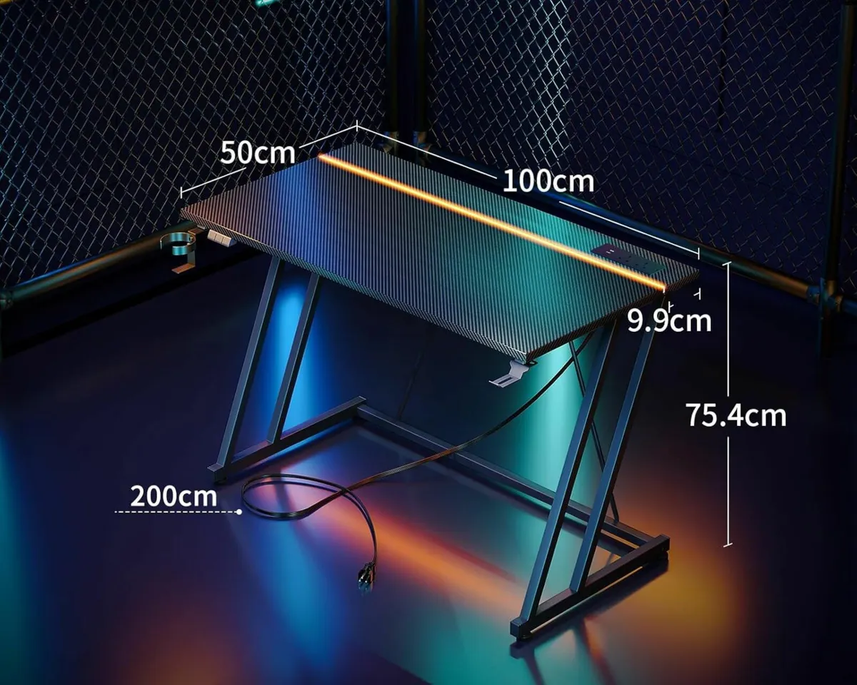 Gaming Office Desk LED Lights Power Outlet100x50cm - Image 4