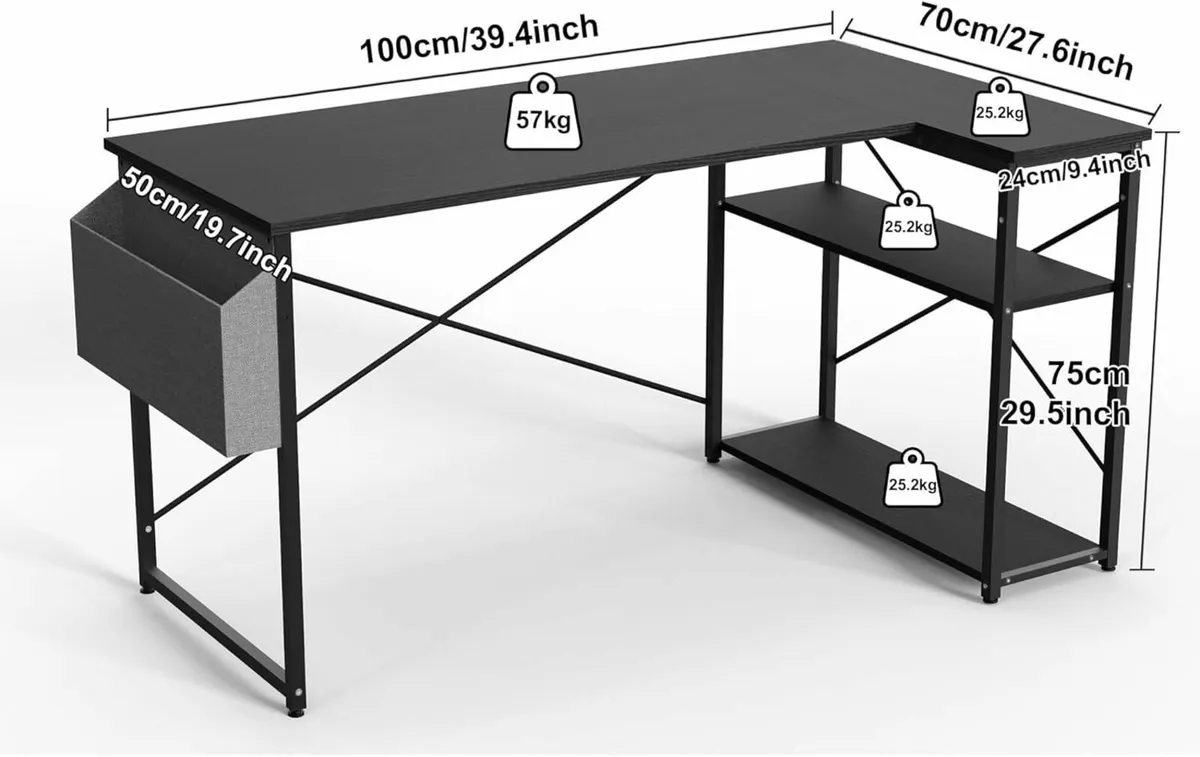 L Shaped Gaming office Desk 100x70cm Storage Black - Image 3