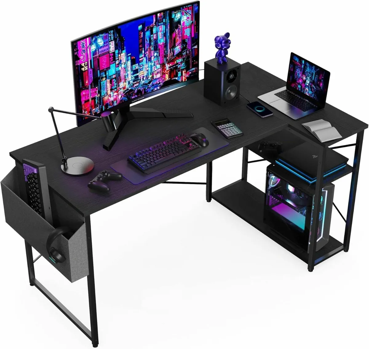 L Shaped Gaming office Desk 100x70cm Storage Black - Image 1
