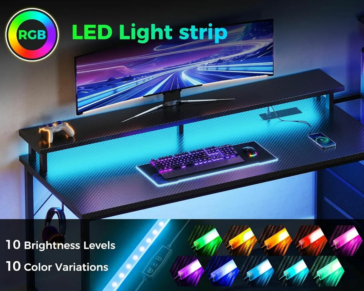Gaming Office Desk LED Power Outlet 151x50cm - Image 3