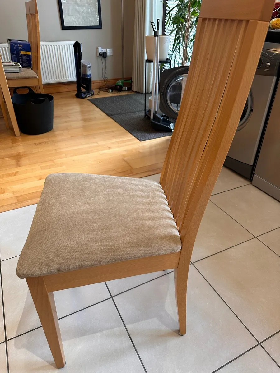 6 solid beech dining chairs newly covered - Image 1