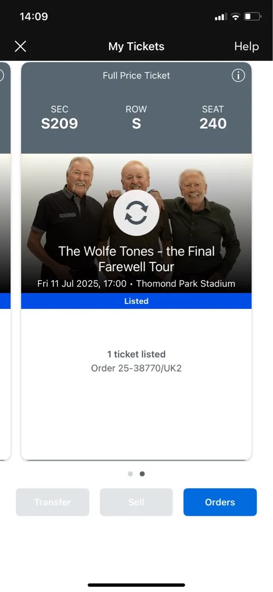 2 seated Wolfe Tones tickets - Image 2