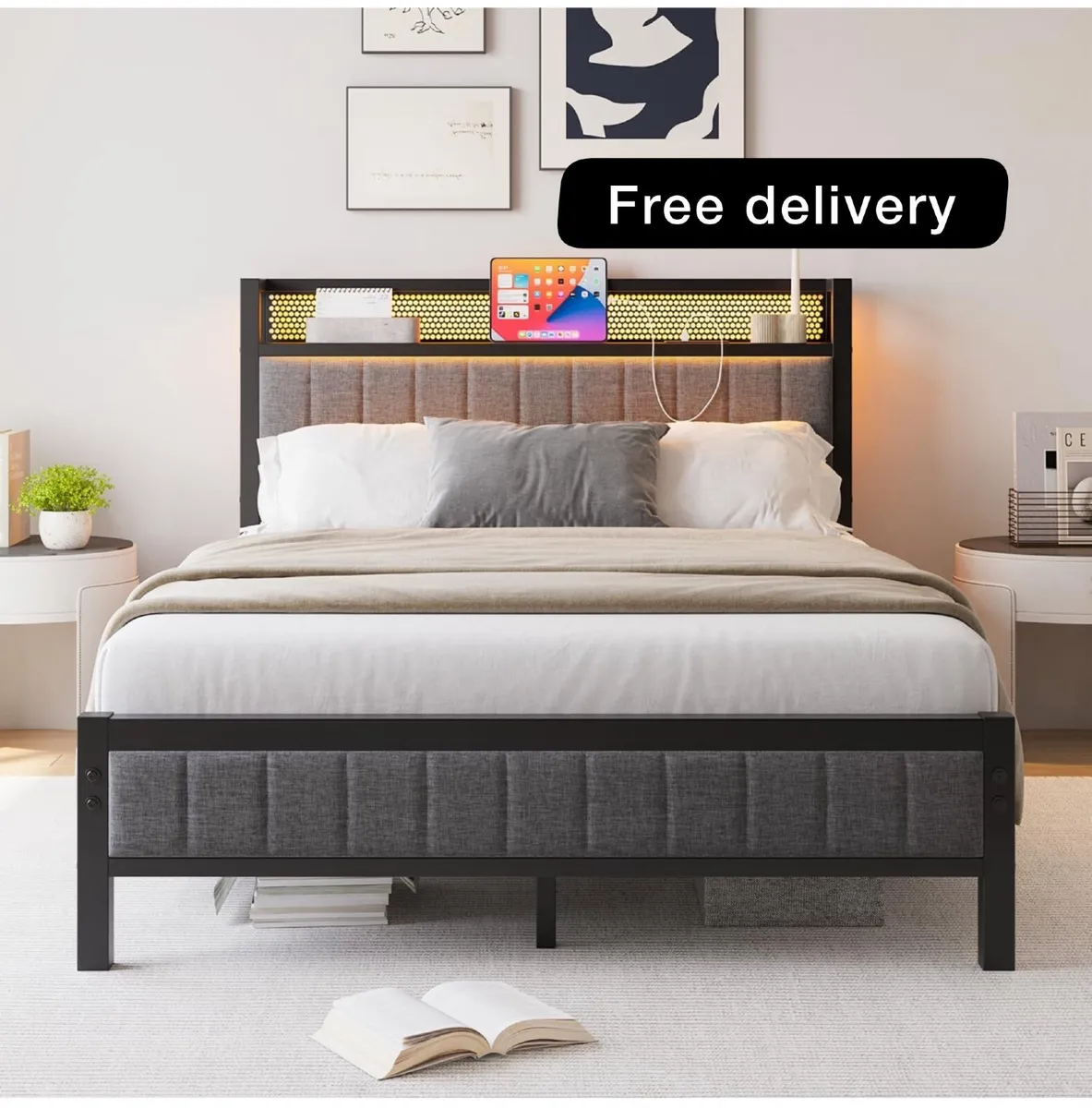 4ft6 Upholstered Bed Frame Double Bed with Chargin - Image 1