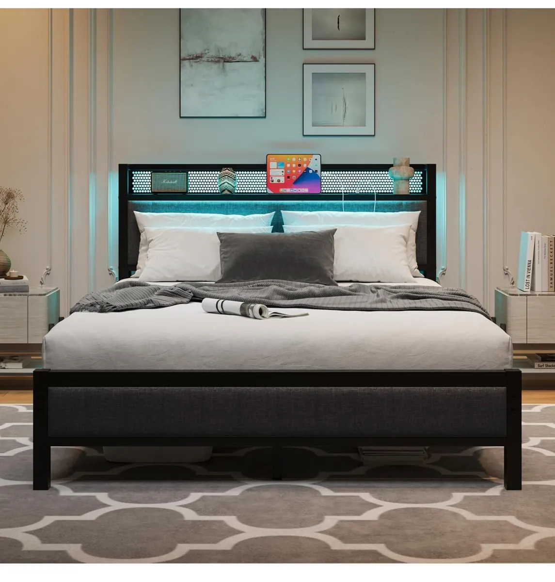 4ft6 Upholstered Bed Frame Double Bed with Chargin - Image 1
