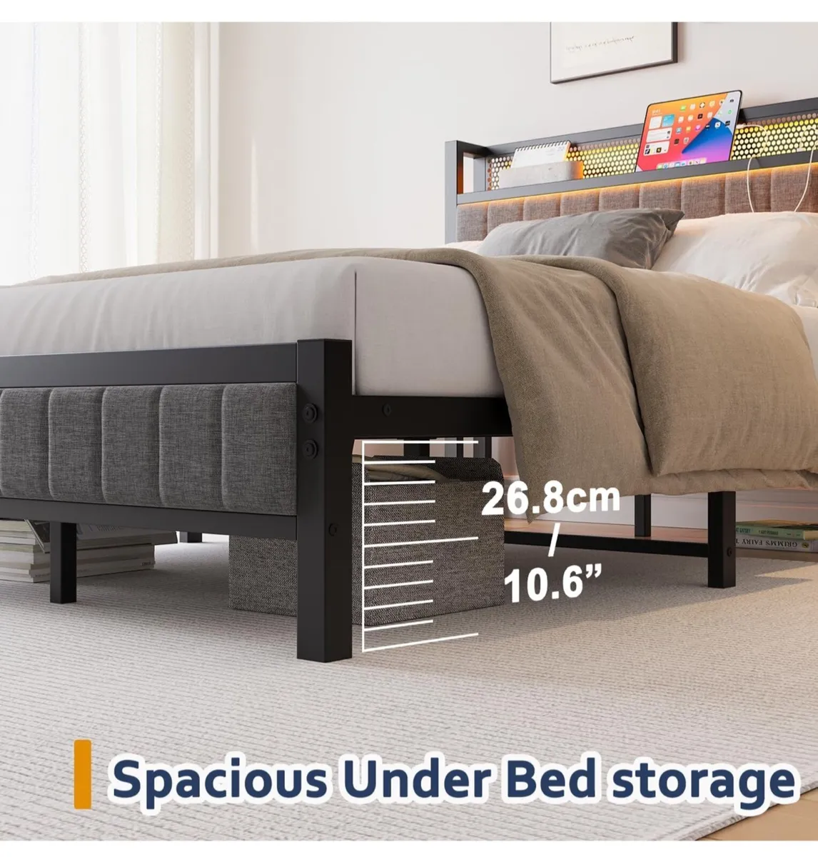 4ft6 Upholstered Bed Frame Double Bed with Chargin - Image 3