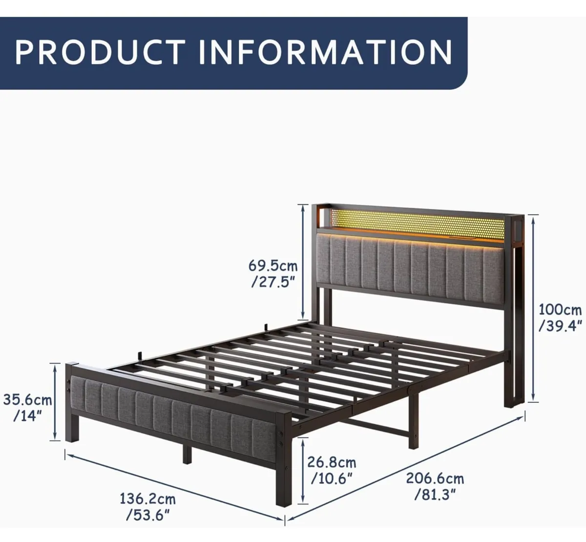4ft6 Upholstered Bed Frame Double Bed with Chargin - Image 4