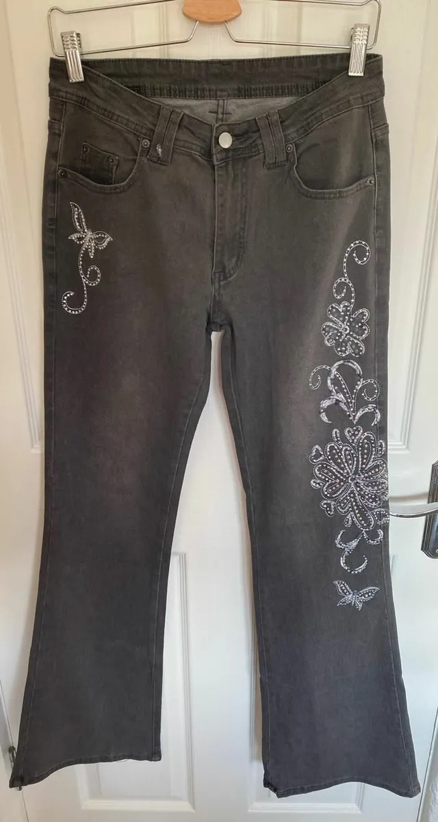 Grey/Black embroidered flare jeans - Image 1
