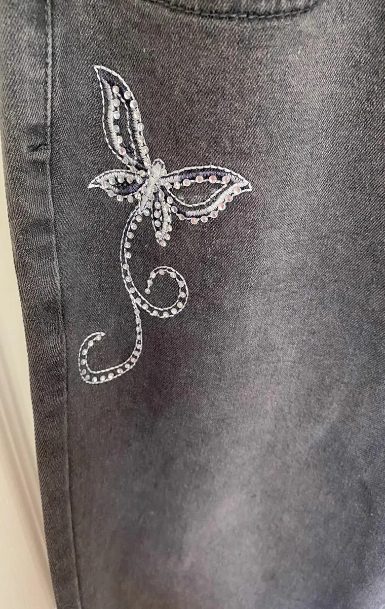 Grey/Black embroidered flare jeans - Image 2