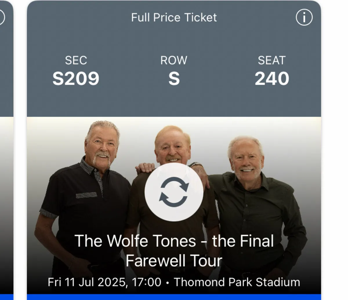 2 seated Wolfe Tones tickets - Image 1