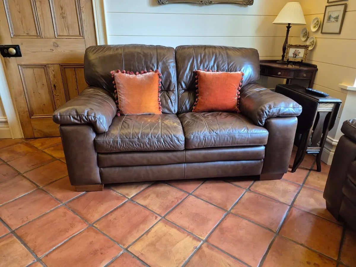 2 seater genuine leather couch, 2 arm chairs, puff - Image 1