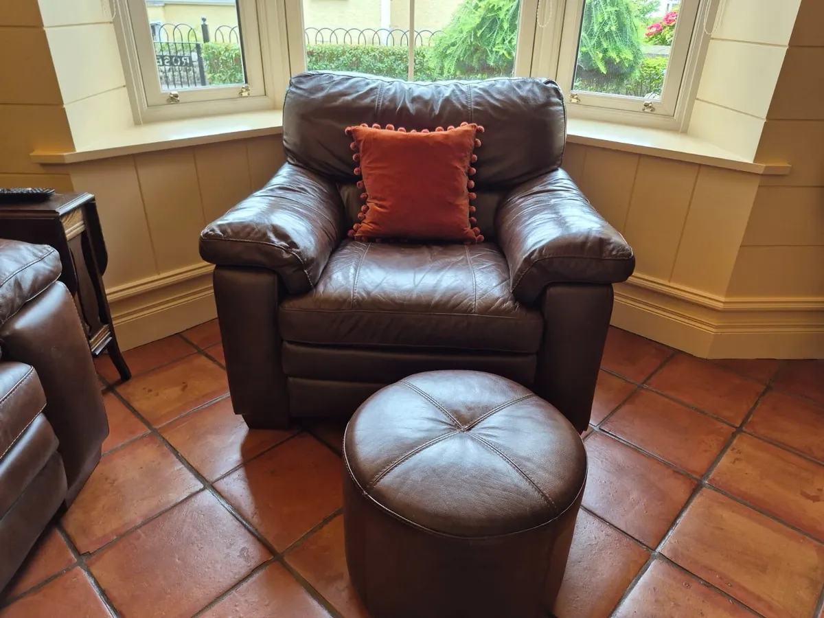 2 seater genuine leather couch, 2 arm chairs, puff - Image 2