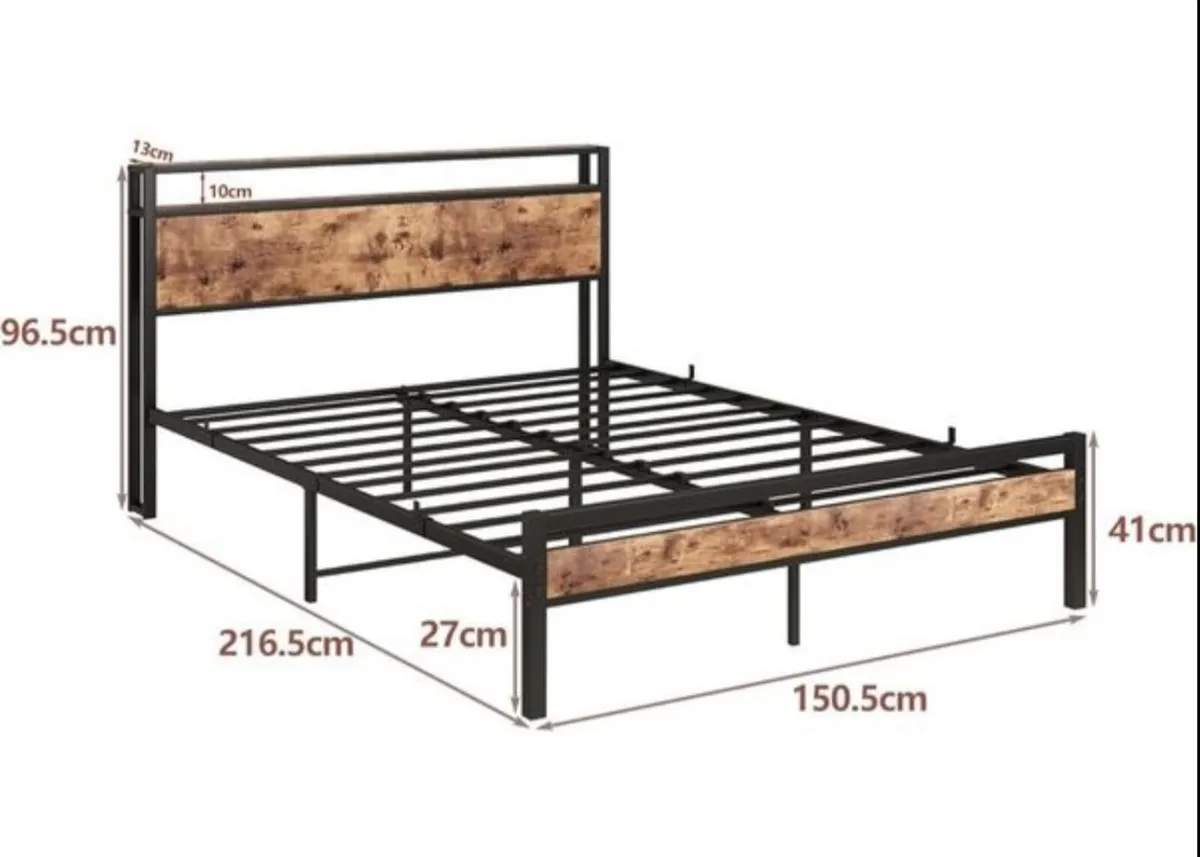 King Size Bed Frame with Storage Wooden Headboard - Image 2
