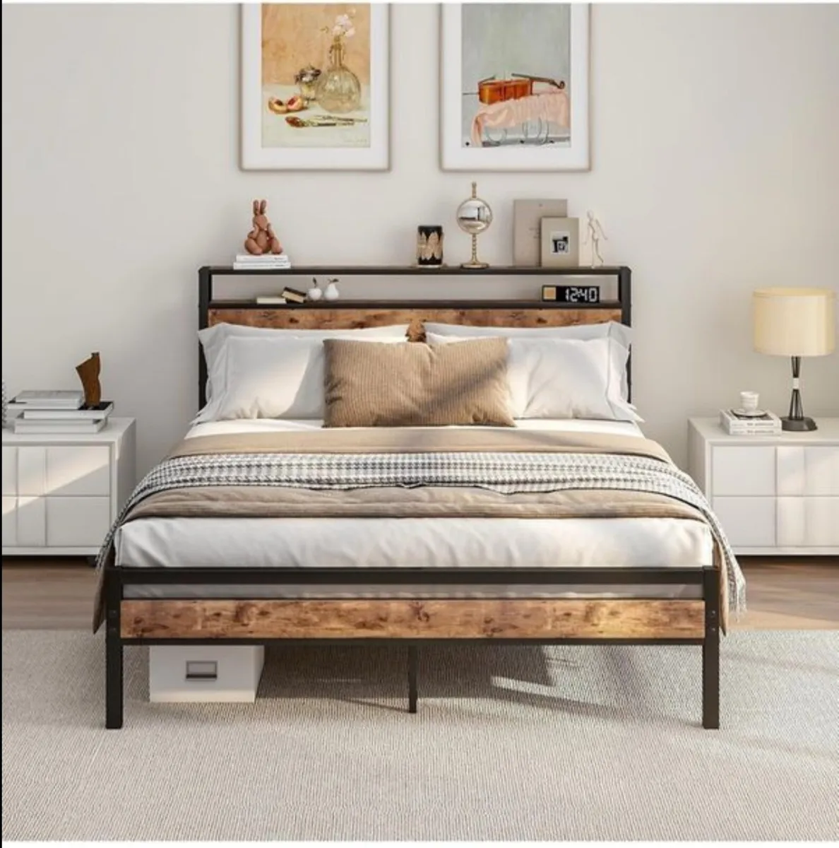 King Size Bed Frame with Storage Wooden Headboard - Image 3