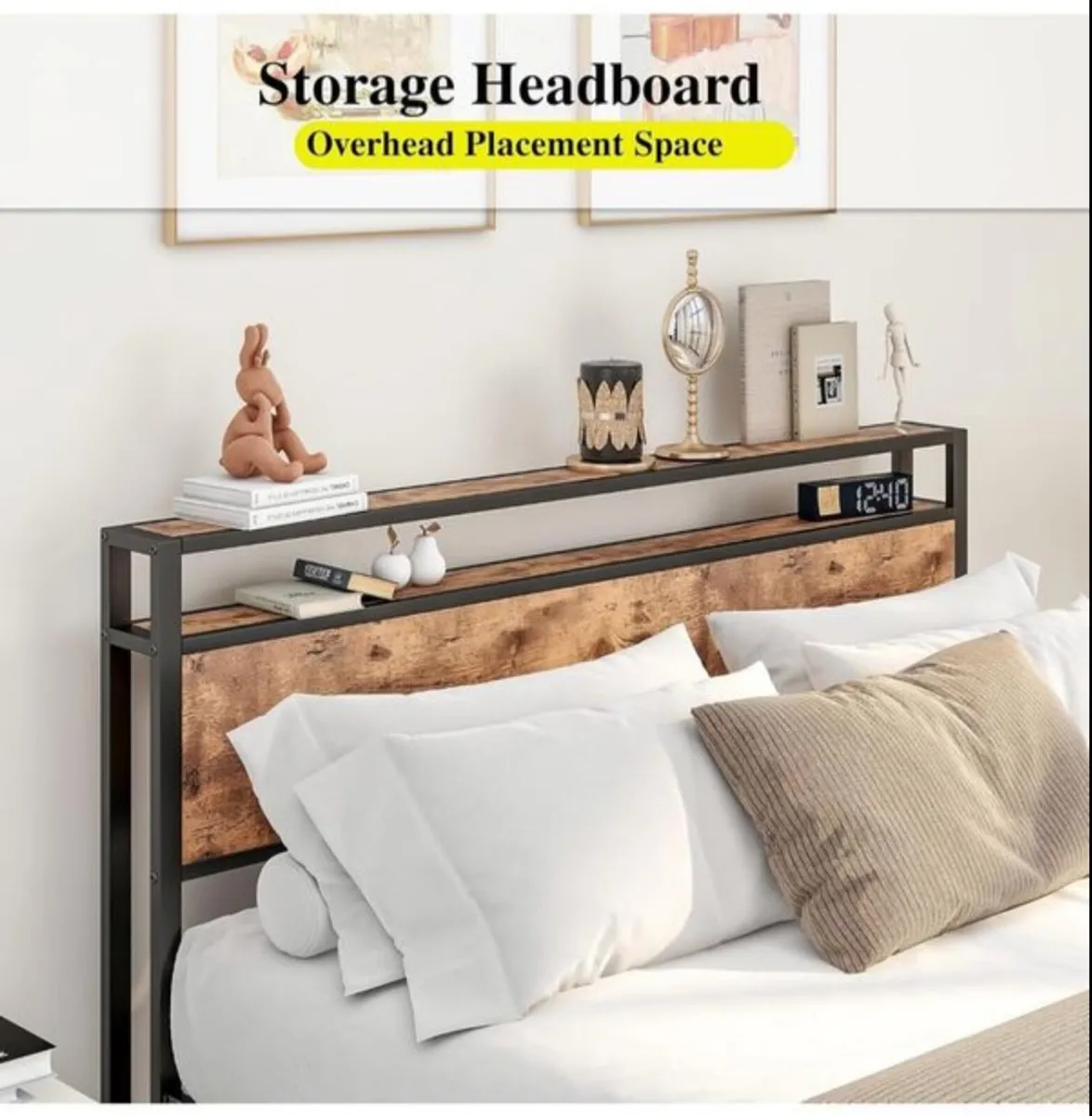 King Size Bed Frame with Storage Wooden Headboard - Image 4