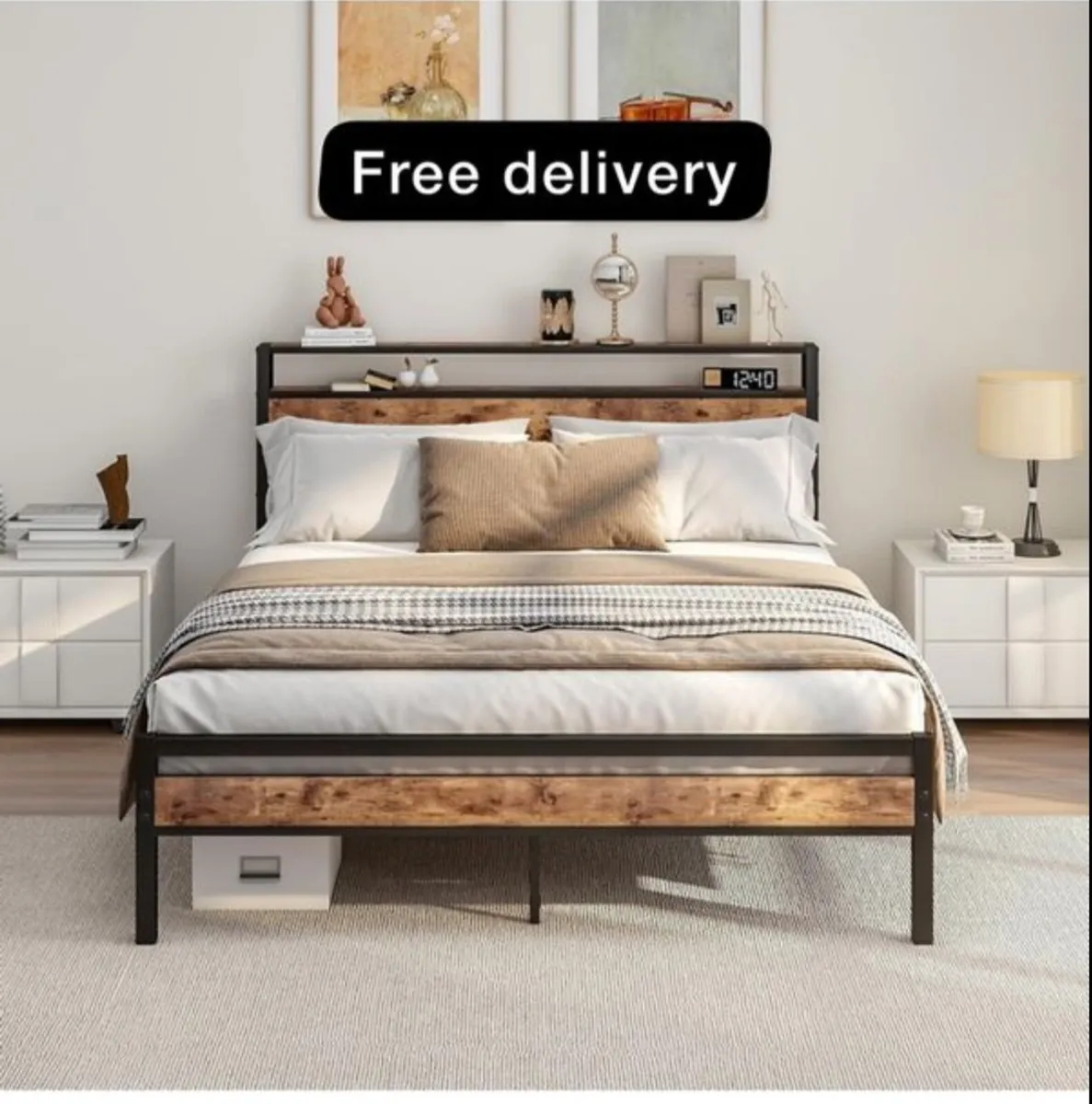 King Size Bed Frame with Storage Wooden Headboard - Image 1