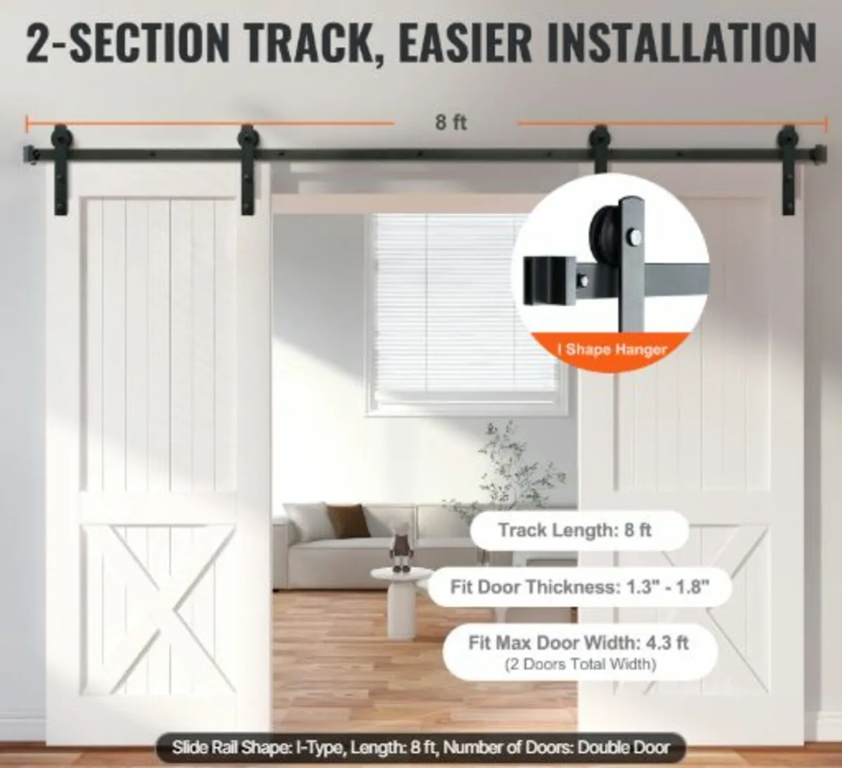 8FT Sliding Barn Door Hardware Kit - Image 1