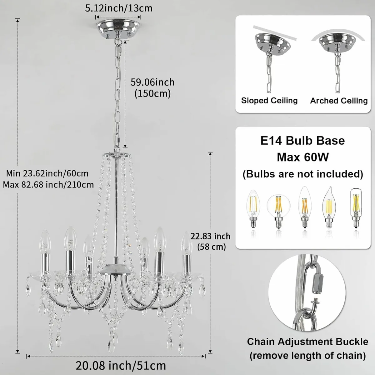 Crystal Chandelier, 6 Lights Modern Silver - Image 4