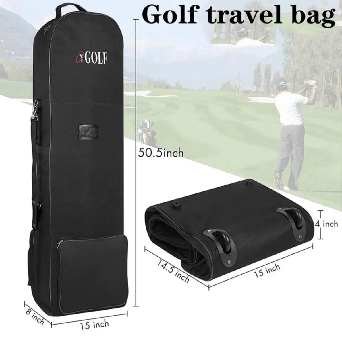 Golf Bag Travel Cover Foldable Bag with Wheels - Image 2