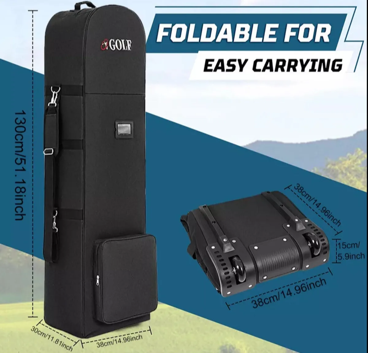 Golf Bag Travel Cover Foldable Bag with Wheels - Image 1