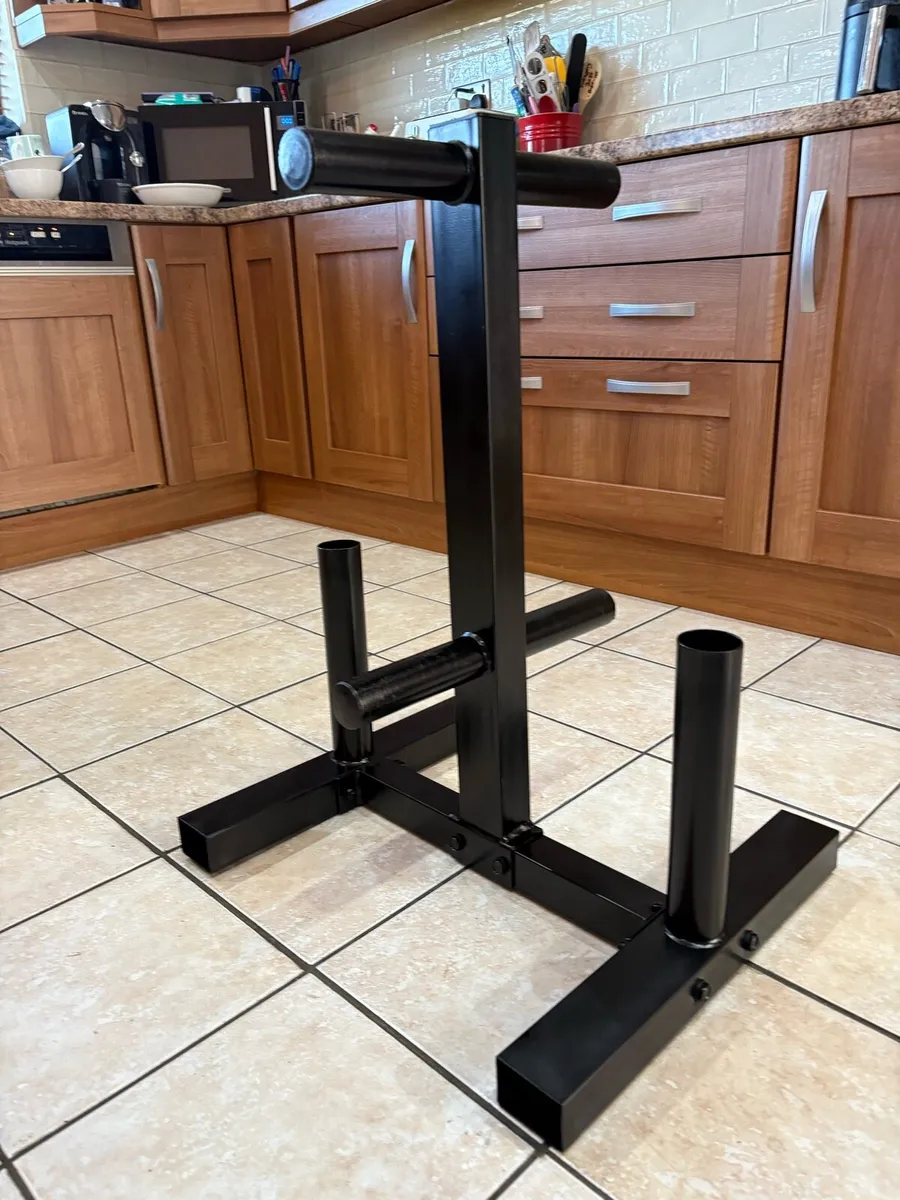OLYMPIC GYM STORAGE FOR WEIGHT PLATES + 2 X BARBEL - Image 1