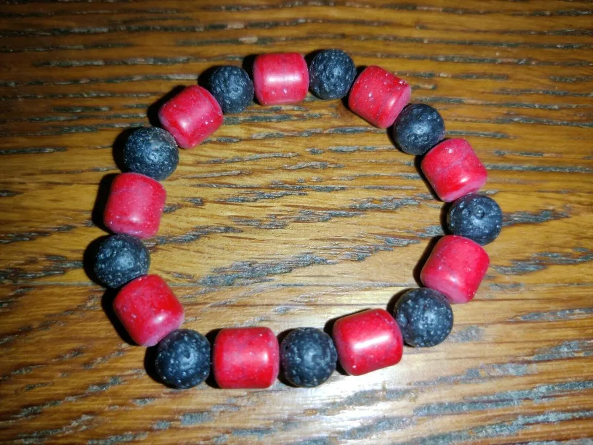 CHUNKY CORAL & BLACK LAVA, Elastic Bracelet ! - Image 3