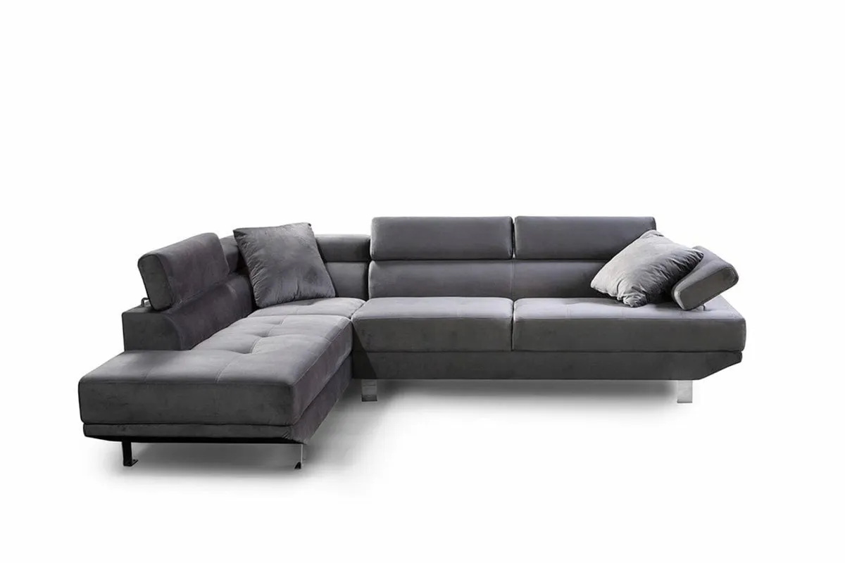 Grey Velvet Corner Sofa 262cm | Chaise | Modern - Image 1