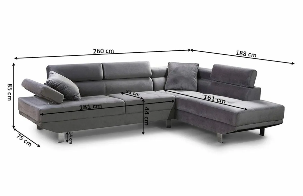 Grey Velvet Corner Sofa 262cm | Chaise | Modern - Image 3