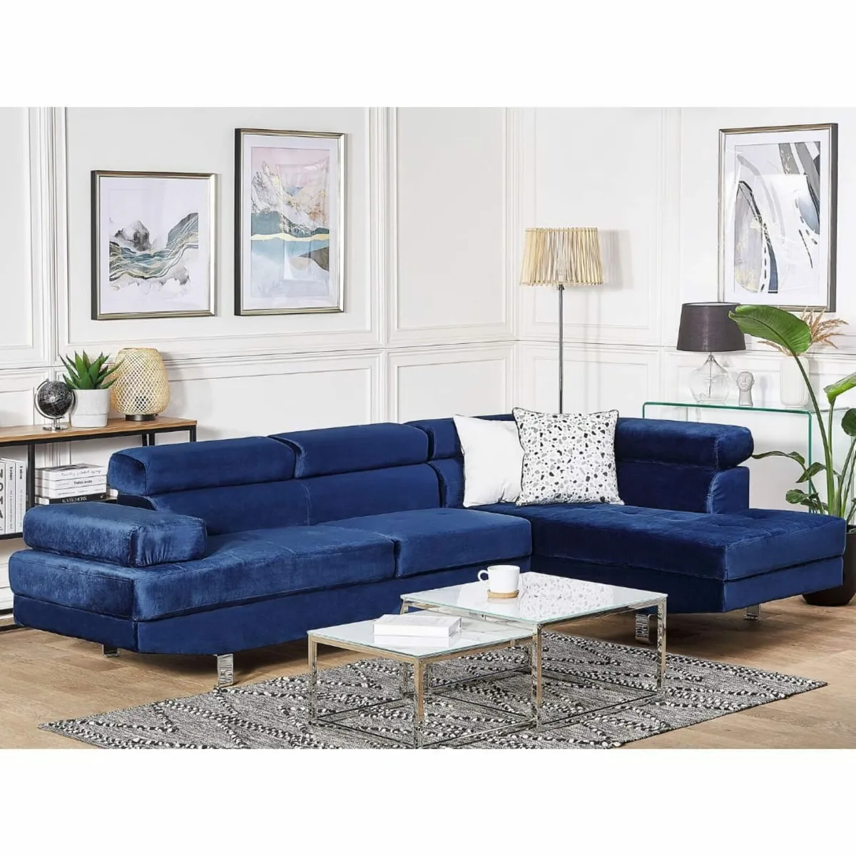 Elegant Blue L-Shaped Velvet Sofa with Cushions - Image 2