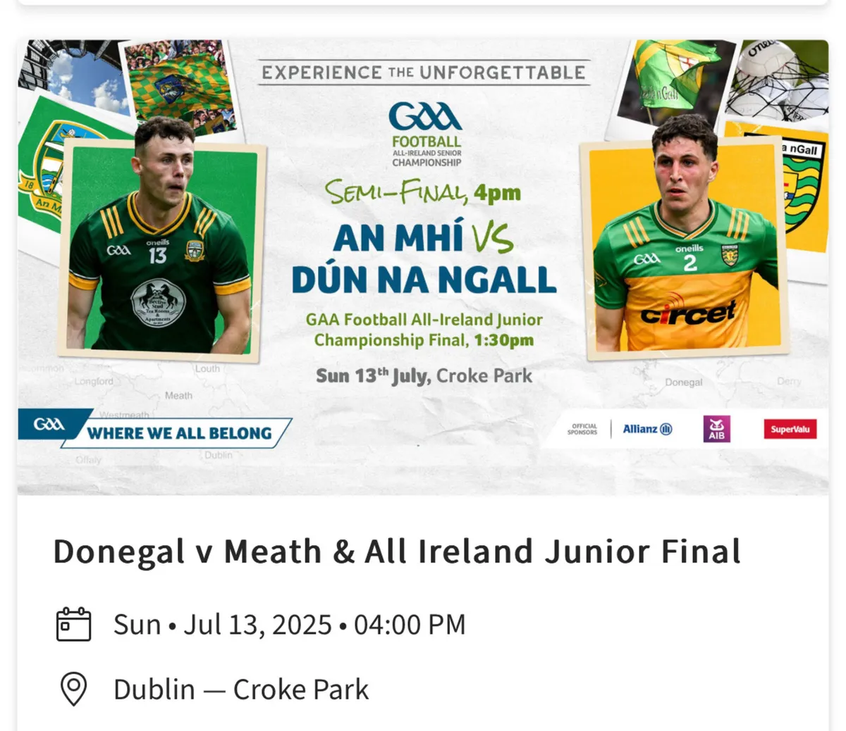 2 Hogan Premium tickets for Meath v Donegal x2