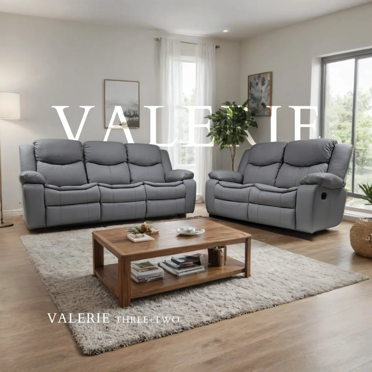 Valerie 3+2 Light Grey Leather, Manual recliner - Image 1