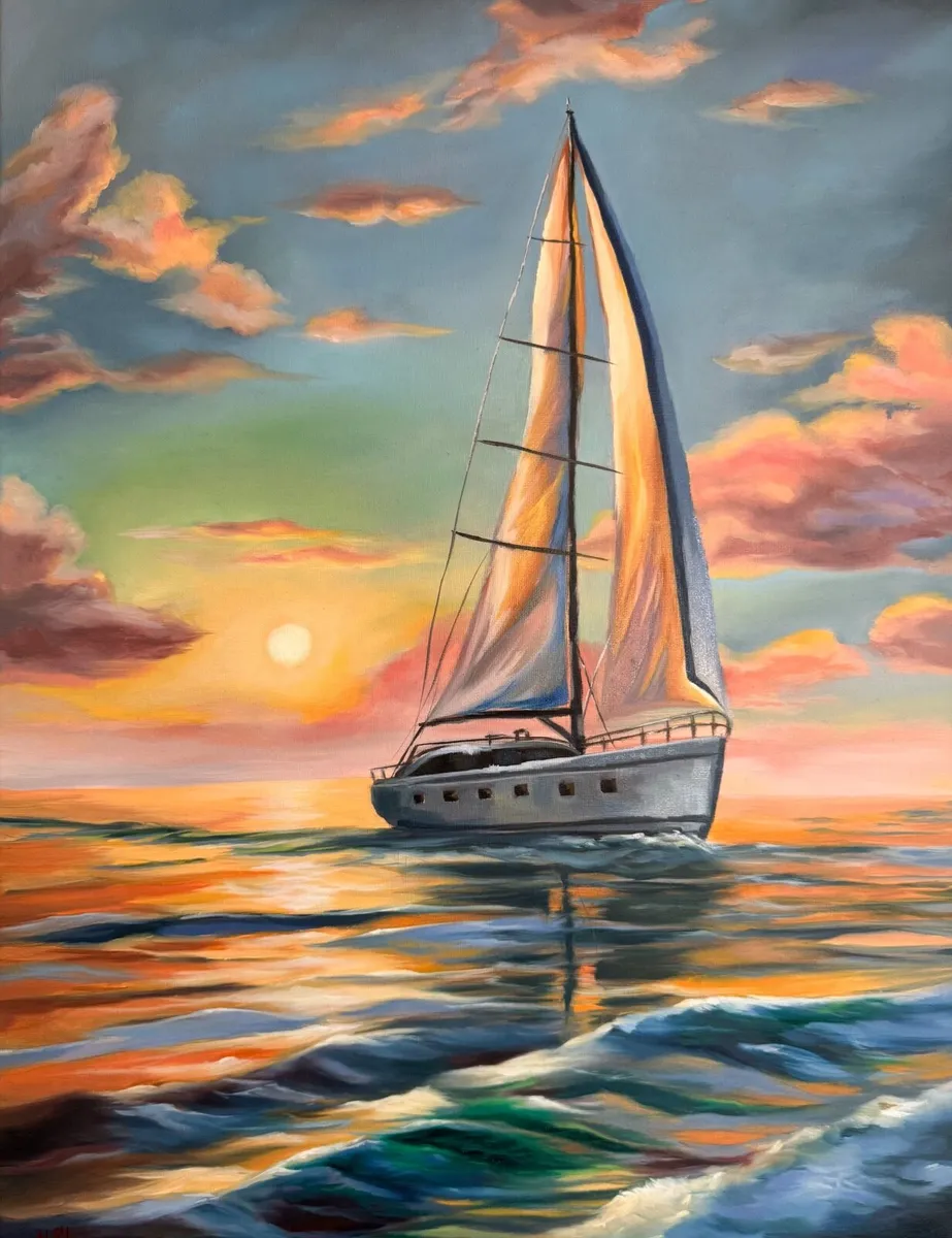 Oil painting seaside sunset sailboat - Image 1