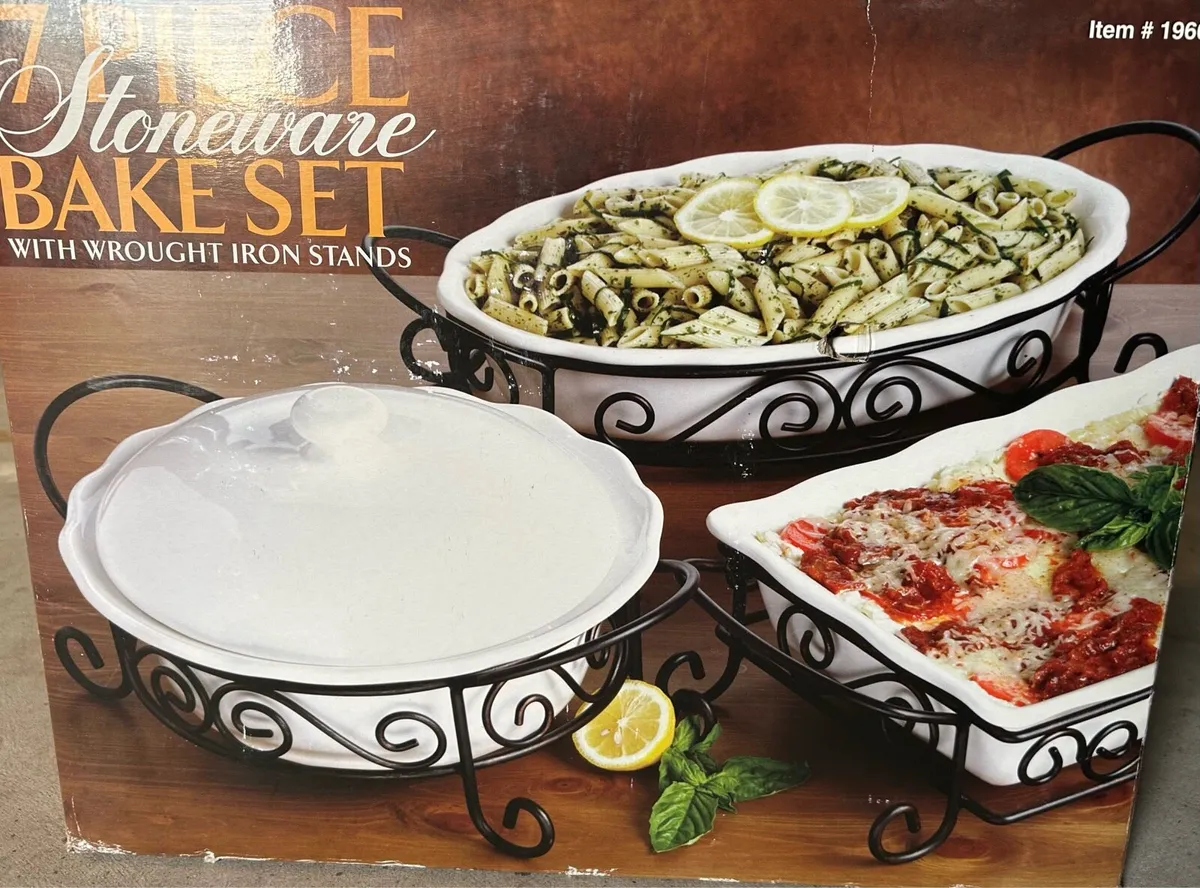 7 Piece Stoneware Bake Set with Wrought Iron Stand - Image 3