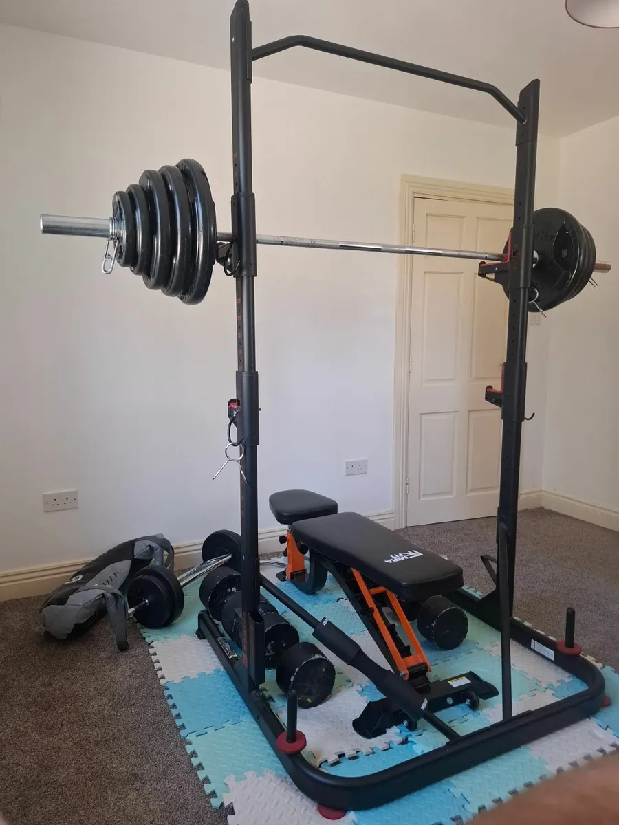 Power rack, bench, weights, dumbells, barbells,bag