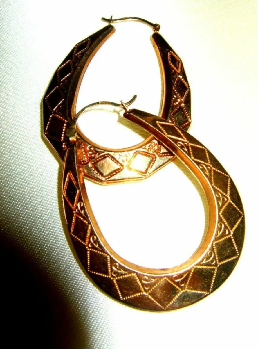 Vintage Hallmarked 9ct Gold Large Hoop Earrings - Image 1