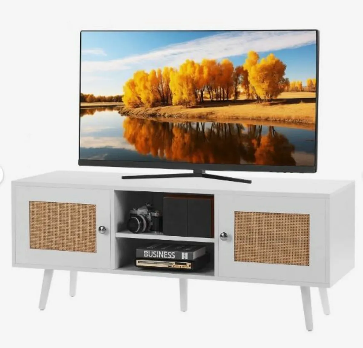 Rattan TV Stand, Boho TV Cabinet for 55 - Image 1
